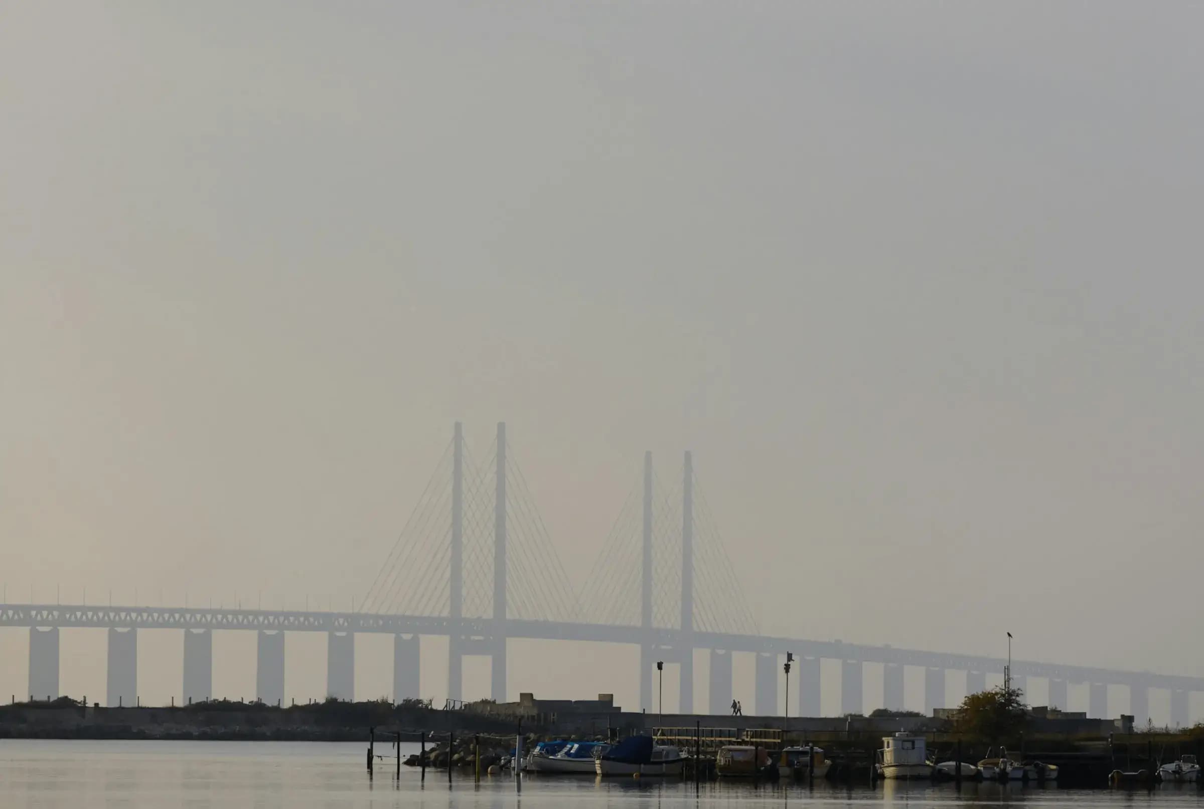 Øresund Bridge at dusk connecting Denmark and Sweden